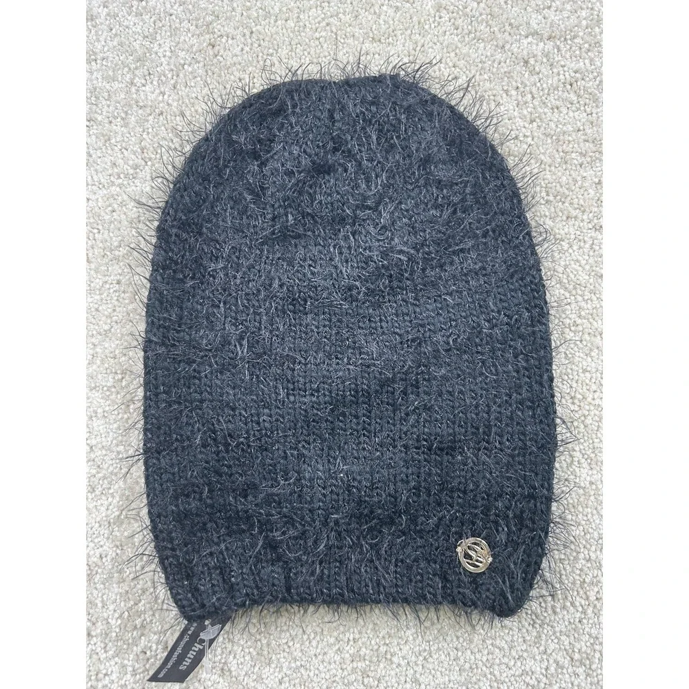 Chuns Hat Beanie Womens Black Fuzzy Knit‎ Soft Winter Cozy Warm Logo New